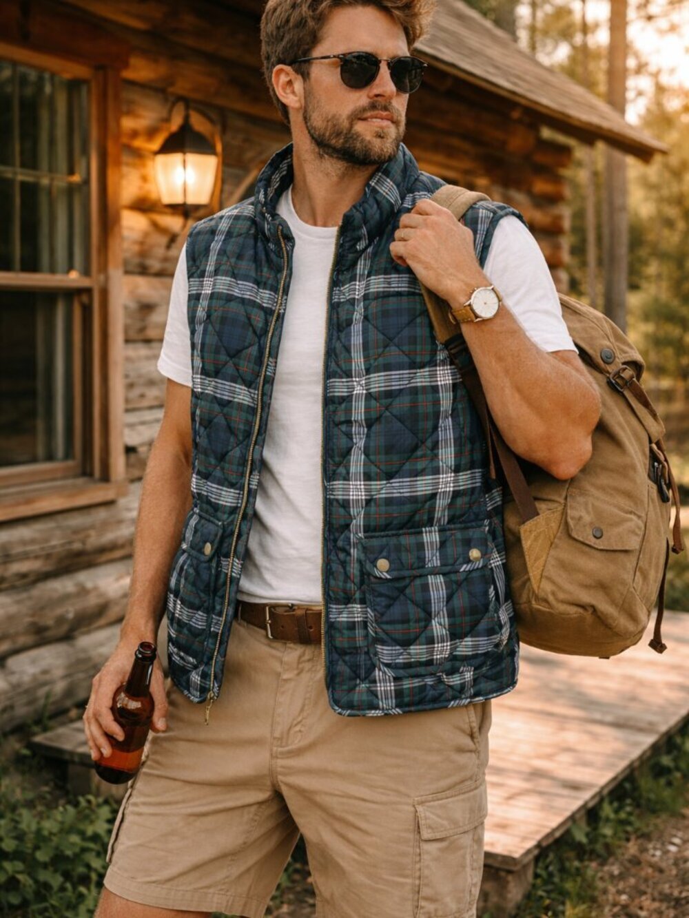 St. John's Bay Men's Plaid Quilted Puffer Vest | Full Zip Utility Vest | Navy Gr